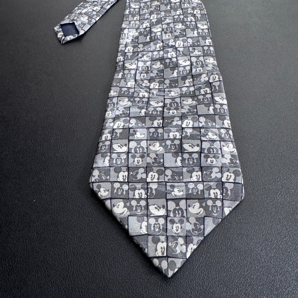 Walt Disney World Mickey‎ Mouse Tie Mens OS Gray Grid Silk Novelty Necktie